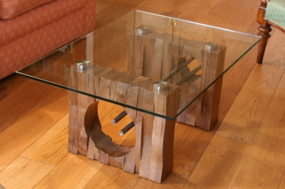 Glass and natural timber coffee table